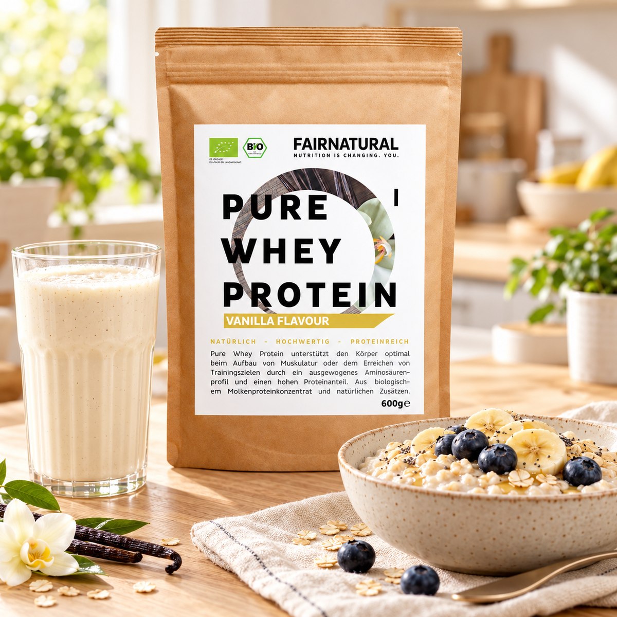 Vanille-Proteinshake und Porridge als Frühstücksroutine mit Whey