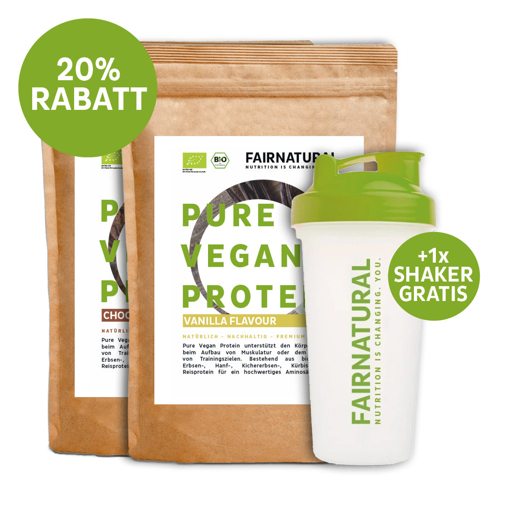 Fairnatural Kennenlernset: zwei Beutel Bio Vegan Protein und ein Gratis-Shaker